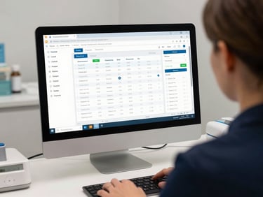 Over-shoulder view of a dental practice manager reviewing a website analytics dashboard on a large desktop monitor, clean desk environment, soft studio lighting, operational and focused