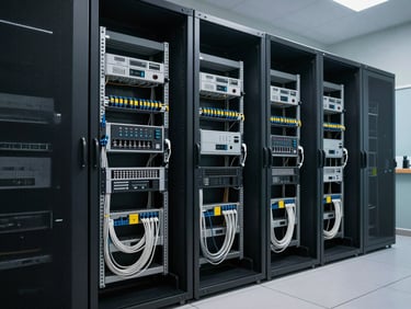Wide shot of a dental practice server room or network closet, organized cabling and equipment racks, cool ambient lighting, no people visible
