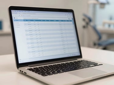 Close-up of a laptop screen showing a security dashboard with access log entries, clinical neutral lighting, no visible faces, clean desk environment in a dental office