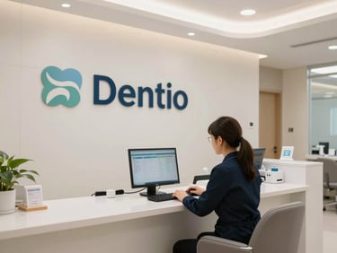 Wide-angle view of a dental practice reception area, front desk staff member reviewing analytics on a monitor, clean modern interior with branded signage, neutral clinical daylight