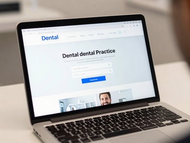 Close-up of a laptop screen displaying a modern dental practice website homepage with clean navigation and appointment booking button, on a white desk surface under studio lighting