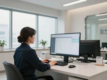 Wide shot of a modern dental practice front desk, office manager reviewing a software dashboard on a large monitor, clean clinical interior with natural light from windows, operational context, documentary framing