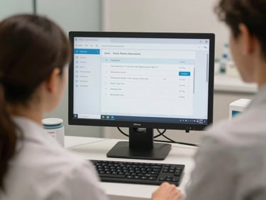 Over-shoulder view of an IT coordinator reviewing user access permissions on a monitor inside a dental practice, neutral clinical lighting, organized workstation