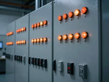Complex electrical control panel with orange indicator lights, clean industrial facility interior, sharp technical angle