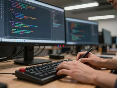 Close-up of hands at a workbench writing code on a mechanical keyboard, a monitor in the background showing a SQL schema diagram, shop fluorescent light overhead, cables visible to one side
