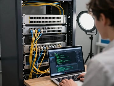Over-the-shoulder view of a network rack mid-install, ethernet cables being routed, a laptop showing a Linux terminal with network diagnostic output, available shop light, no people visible from front