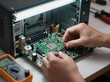 Close-up of hands removing a motherboard from a desktop tower on a workbench, diagnostic multimeter and screwdrivers nearby, hard practical fluorescent light, no studio softbox