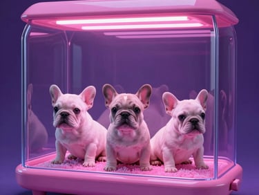 High-contrast studio shot of a medical-grade canine incubator, glowing purple and pink LED monitors displaying vital statistics, sterile stainless steel surfaces, dark background.