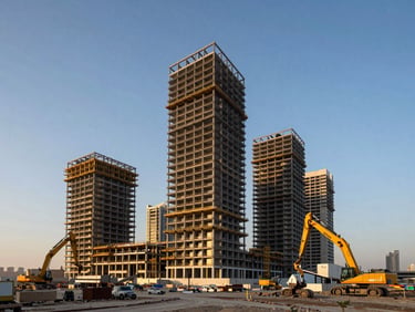 Panoramic view of a Dubai mixed-use development site from ground level, steel framework rising against a clear blue sky, construction machinery active, golden morning light on structural elements, city skyline faint in the distance