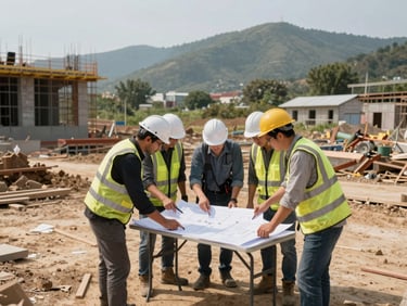 Wide environmental shot of a local construction crew reviewing site plans on a folding table outdoors, natural midday light, unfinished building structure and mountain terrain visible in the background, emphasis on the working group and site scale