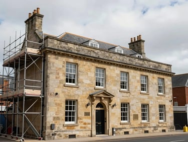 Ground-level view of a UK regional hospitality property undergoing refurbishment, Georgian stone facade with scaffolding on one wing, overcast British daylight, no people — texture and scale of the building dominate