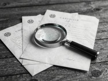 Dynamic high-contrast black and white photograph of old archival documents, vintage letters, and a magnifying glass on a rustic wooden table, soft side lighting.