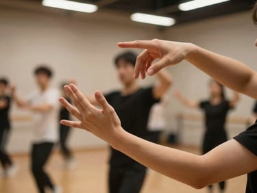 Close-up of hands gesturing during a dance instruction class, warm studio light, energetic atmosphere