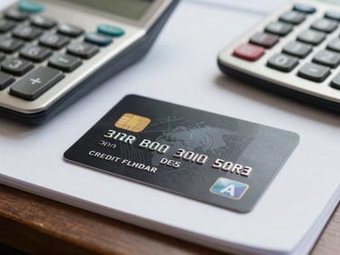 A close-up of a physical black business credit card resting on a clean slate desk next to a steel calculator, bright natural daylight