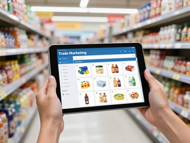 Hands holding a tablet showing a trade marketing dashboard with real-time data and product images, supermarket aisle in background, bright ambient supermarket lighting, clean vibrant colors, sharp focus.