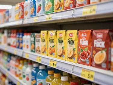 Close-up of a perfectly merchandised product display on a supermarket shelf, showcasing clear pricing and promotional materials, bright ambient supermarket lighting, clean vibrant colors, sharp focus.