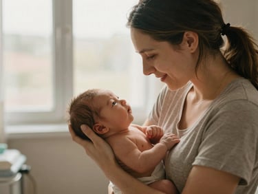 A mother tenderly holding her healthy newborn child in a warm, clean clinic room, soft overcast daylight illuminating their faces with quiet grace.