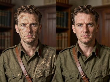 A split-screen comparison of a water-damaged 1940s military portrait: the left side shows heavy staining and fading, the right side shows crisp details and restored contrast, warm library lighting.