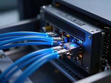 Macro shot of server components with glowing blue fiber optic cables connected with laser-guided precision, cool diffused backlighting, deep slate shadows