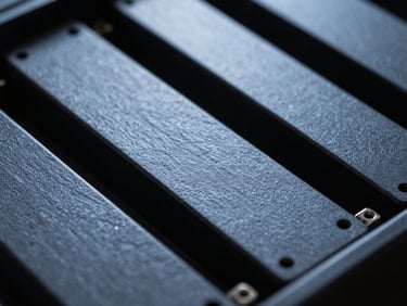 Macro shot of physical server components, cool diffused blue backlighting, sharp high-contrast slate gray shadows, geometric layout.