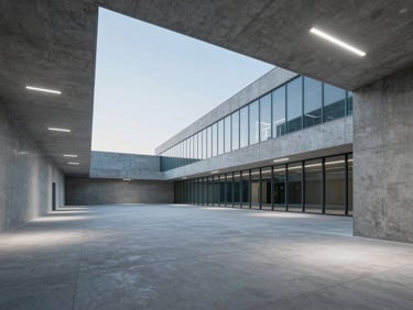 Wide panoramic shot of minimalist concrete-and-glass architecture, stark white key lights, cool diffused blue backlighting, empty expansive space.