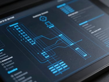 A high-fidelity UI wireframe of a systems dashboard, glowing blue vector lines on a dark slate background, extreme close-up, sharp focus, clean technical aesthetic.