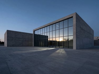 Wide desolate view of minimalist concrete and glass architectural structure, sharp geometric angles, dramatic high-contrast shadows under cool blue twilight sky
