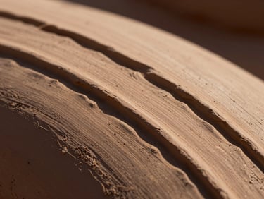 Macro close-up of textured terracotta clay with deep hand-carved ridges, captured under harsh, high-contrast desert sunlight casting dramatic shadows.