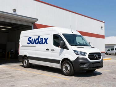 Wide-angle shot of a Sudax delivery van parked outside a commercial building during a routine delivery, bright daylight, professional logistics setting, high-contrast.