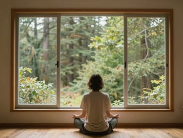 A quiet, warm room with natural light, a person sitting mindfully by a large window looking out at green trees.