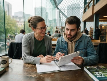 Candid medium shot of a mentor and participant reviewing a notebook together in a sunlit Seattle library, soft overcast light, natural warmth.