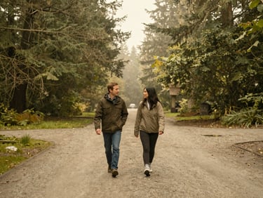 Two people walking together through a misty Pacific Northwest park, talking naturally, candid eye-level perspective.
