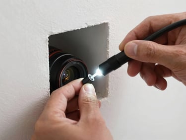 Technician hand inserting a small camera probe into a residential duct opening, flexible cable visible, bright LED on the probe tip illuminating the interior, close-up detail shot on a white wall background