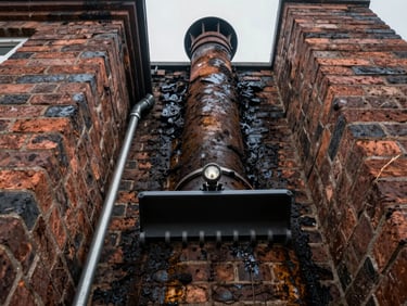 Wide-angle view looking up a residential chimney flue, dark creosote deposits coating the brick walls, daylight visible at the top, inspection light attached to a sweep tool midway