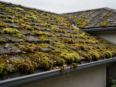 Residential roof surface with thick green moss growth and accumulated debris in gutter channel, wide-angle ground-level shot showing roof pitch and overhang, overcast natural daylight