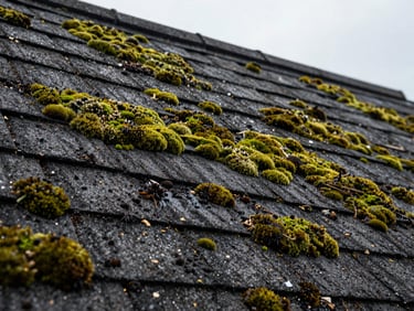 Close-up of residential roof shingles with dense green and black moss colonies, water staining visible, debris packed along flashing edges, bright overcast daylight showing damage detail, no people