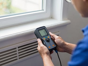 Technician holding an air quality meter near a clean duct register, digital display visible showing airflow readings, bright daylight from a window illuminating the residential room interior
