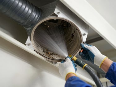 High-powered commercial vacuum hose connected to a residential duct trunk line, technician gloved hands securing the seal, visible suction action pulling debris from the duct interior under bright indoor work lighting