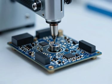 Macro technical photography of a professional micro-soldering station, cool clinical workbench light, sharp details of motherboards, deep charcoal and electric blue tones
