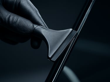 Close-up macro shot of computer-cut window film being precisely squeegeed onto a clean glass edge, cool studio lighting