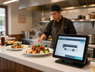 A clean, modern roadside restaurant kitchen, warm inviting indoor lighting, chef placing a steaming plate of fresh local food on a pickup counter, high-precision mobile screen showing live bus tracking in the foreground, shallow depth of field, 35mm lens.