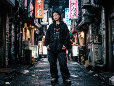 Gritty urban fashion photography of a young adult in an oversized hoodie standing in a neon-lit Tokyo-style alley at night, high contrast, 35mm film grain