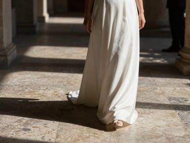 Fotografia analogica a contrasto elevato, una sposa di spalle che cammina lungo un corridoio di pietra inondato di luce solare radente, ombre lunghe, atmosfera intima.
