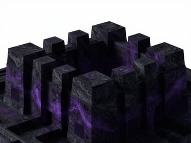 Architectural schematic of a self-repairing institutional structure, deep shadows, cosmic obsidian tones, high-contrast