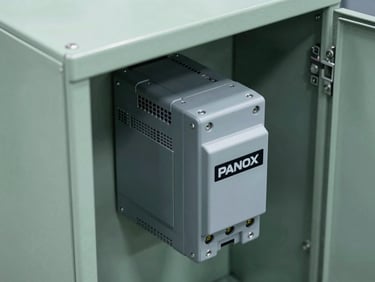 Technical isometric view of a clean electrical PLC control panel with a compact PANOX aerosol module installed, cool high-contrast industrial lighting, tactical gray and sage green tones, 35mm