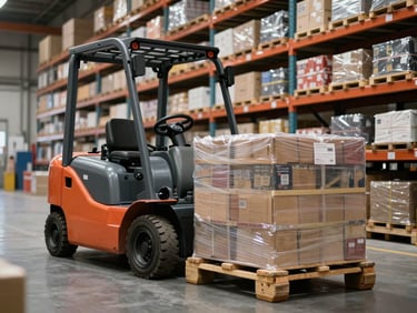 Dettaglio ravvicinato di un transpallet elettrico che movimenta pedane di merci imballate all'interno di un magazzino industriale ordinato, scaffalature metalliche sullo sfondo, luce tecnica neutra.