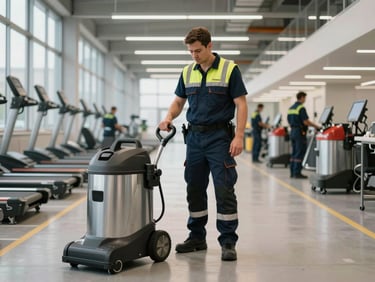 Inquadratura grandangolare di un operatore industriale in divisa tecnica ad alta visibilità mentre utilizza una lavasciuga pavimenti professionale in un corridoio logistico moderno e luminoso, luce diurna naturale.