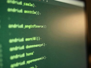 Macro close-up shot of clean Android code on a monitor screen, glowing with soft forest green neon light, warm ambient shadows.