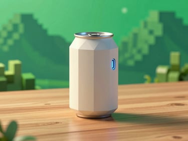 Stylized 3D render of a low-poly milk can with a glowing USB-C port on the side, sitting on a clean wooden table, soft green neon ambient light, pixel-art mountain background.