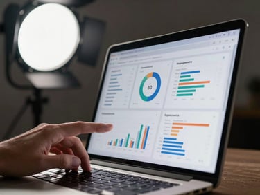 Close-up of a hand scrolling through a creator analytics profile on a laptop screen, engagement rate and audience demographic charts visible, studio strobe casting sharp directional light from above left